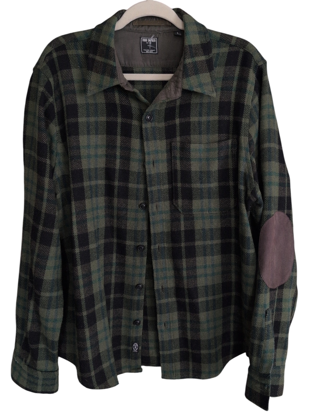 Todd Snyder Green and Black Plaid Shirt with Suede Elbow Patches